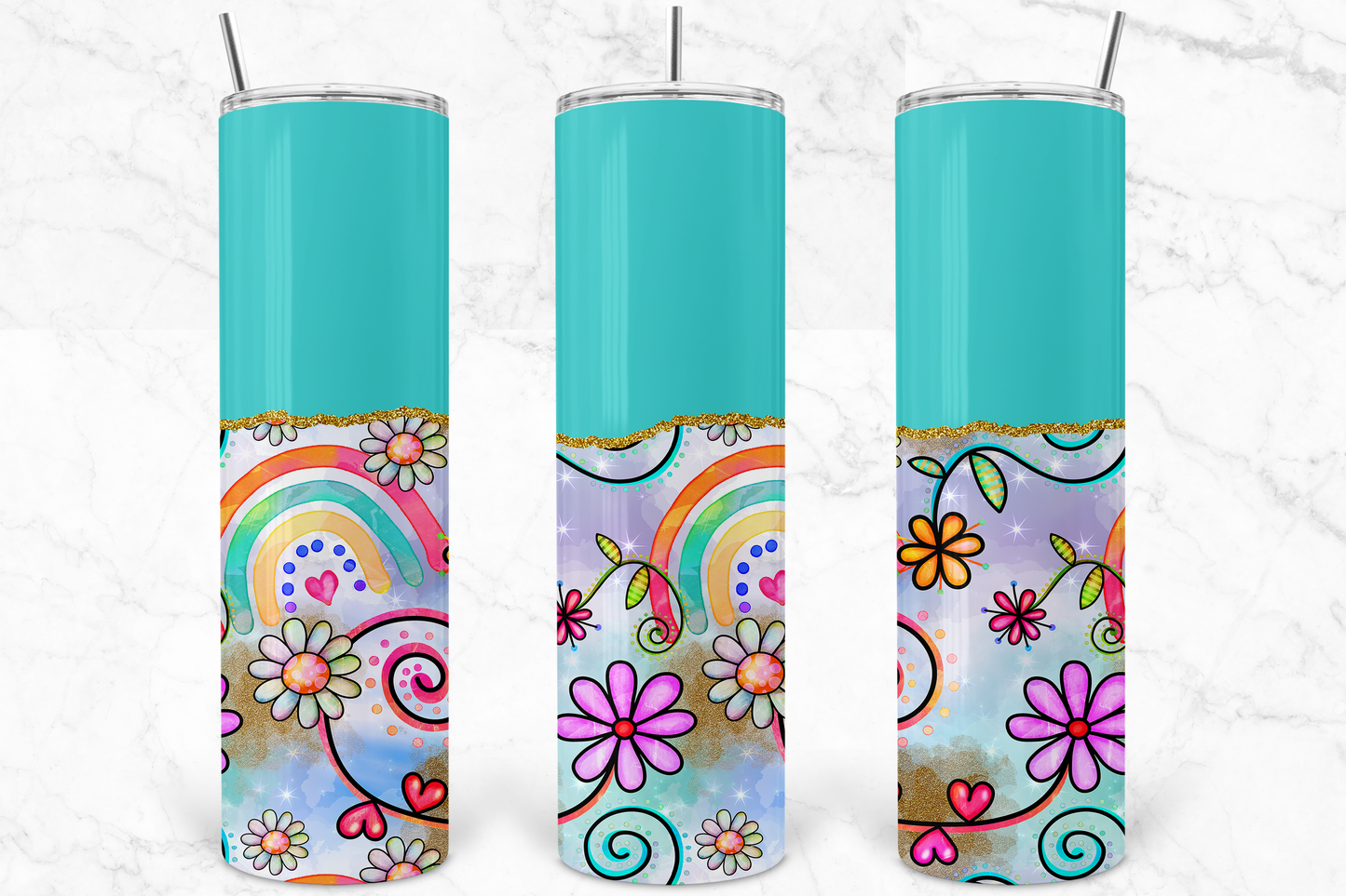 Rainbow & Daisies with Teal Split 30 oz. Tumbler