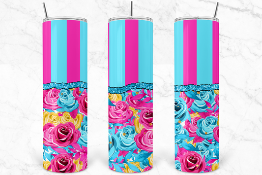 Pink & Teal Roses with Pink & Teal Stripes 30 oz. Tumbler